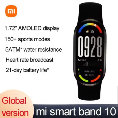 Global Version Xiaomi Smart Band 10 1.72&quot; AMOLED Display 150+ Sports Modes Heart Rate Broadcast 5ATM Waterproof Sports Bracelet