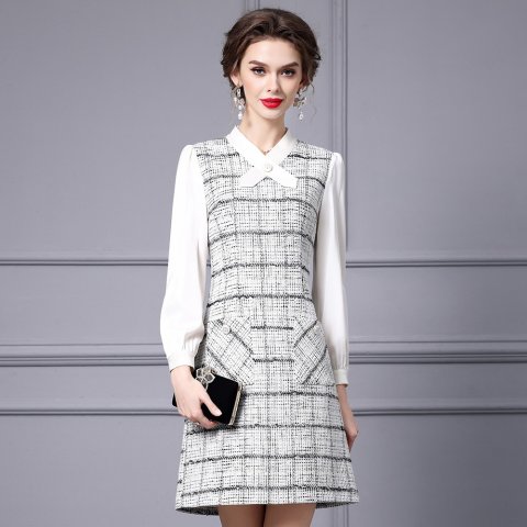 OC 413n57 Women&#039;s Dress Handmade Basic Casual Dresses Autumn and Winter Coarse Floral Woolen Commuting Skirt Customization Plaid Top