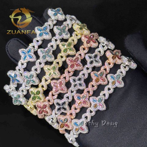 New 15mm Marquise Flower Design Hip hop Jewelry Iced out Unisex Moissanite Cuban Link Chain 925 Silver Moissanite Bracelet