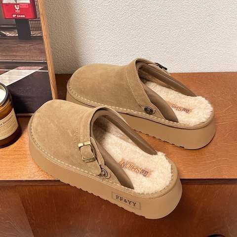 2025s New Arrival Minimalist Design Round Toe Platform Low Top Cotton Slippers Women Adjustable Strap Covered Toe Plus Size 36-43 Winter Fleece Lined