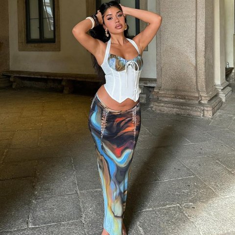 2025 Summer New Gradient Print Personality Ruched Top Slim Tie Skirt Set