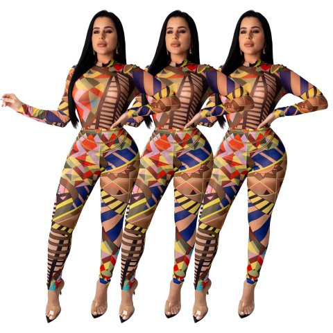 D9209 Womens Sexy Geometric Pattern Positioning Printed Jumpsuit + Long Pants Two-piece Set
