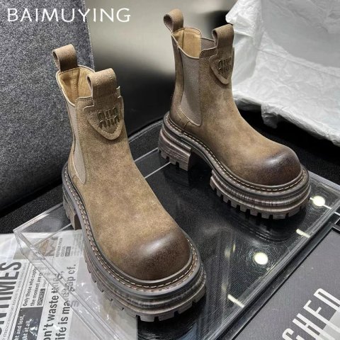 Chunky Platform Women Ankle Snow Boots Mid Heels Fashion Leather Shoes Woman Winter 2024 Trend Casual Goth Botas Mujer