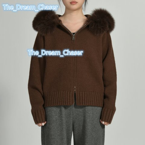 Fluffy Real Fox Fur Collar Hooded Custom Winter Wholesale Soft Knitted Cardigan Zipper Solid Color Women Sweaters Fashionable