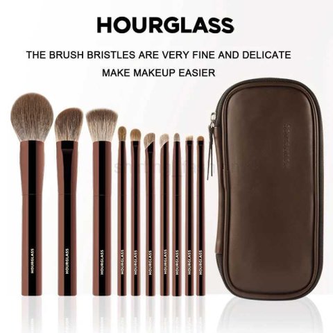 Hourglass Makeup Brush-Makeup brush set portable 10 pieces animal hair+leather material brush bagPowder brush+eye+concealerCL240708