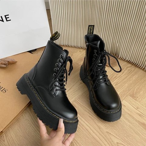 Minimalist Front NEW Lace-up Combat 5Cm Chunky Heel Platform Women British Style Thick Sole Increase Height Casual Boots 240719