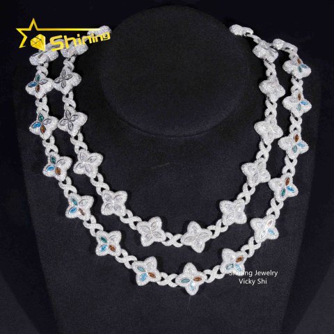 Rapper Hip Hop Jewelry Iced Out Moissanite Necklace 925 Silver Colored Four Leaf Clover VVS Moissanite Cuban Link Chain