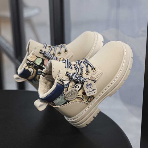 Autumn and winter velvet warm high top sports and leisure Martin boots with leather splicing, little bear men&#039;s and women&#039;s boots L251021