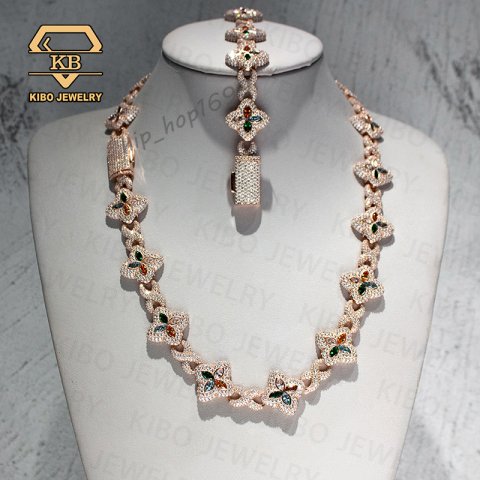 Fashion Hip Hop Jewelry 22mm Rose Gold 925 Sterling Silver Colored Moissanite Diamond Four Leaf Clover Infinity Link Chain