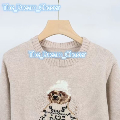 High quality pure cotton sweater with heavy craftsmanship embroidered teddy bear round neck long sleeved knit sweater