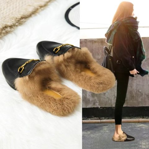 loafers e04b3 Winter plush metal decoration soft soled moccasins sewing solid furry slip on flats women winter nurse work shoes