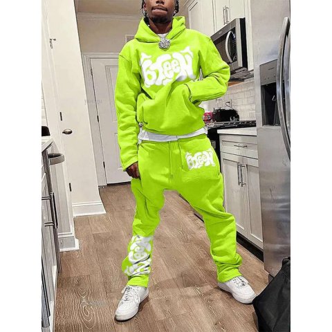 Mens Printed Hoodie Bell Pants Suit Twopiece Y2k Street Sports Hooded Sweatshirt Straight Trousers Fashion Tracksuits 241111
