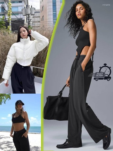 Women&#039;s Pants 2025 Yoga Suit Up Trouser Front Fold Loose Straight Leg Elastic Waist Belt Side Lightweight Fashion
