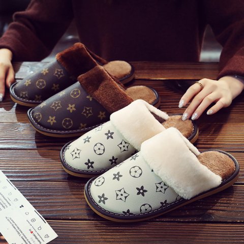 Designer Slippers Winter Home Couple Leather Slippers Indoor Anti-slip Silent High-end Warm Cotton Slippers Free shipping