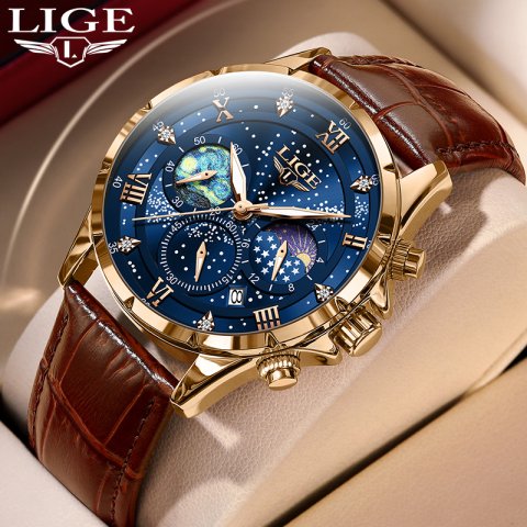 LIGE Men Watches Casual Sport Watch Men Luxury Waterproof Date Luminous Chronograph Wristwatch Male Quartz Watches Leather Clock Star watch