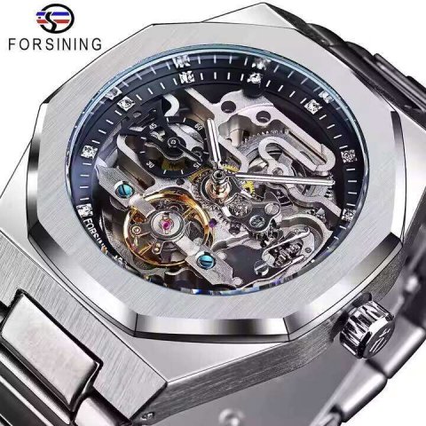 FORSINING Men&#039;s Automatic Mechanical Watch with Luminous Dial, Triple Sub-dials, and Stainless Steel Band