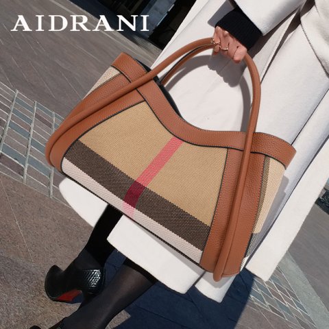 Free Shipping Aidrani 2025 New Retro Checkered Women&#039;s Designer Handbag Large Capacity Canvas Genuine Leather Bag