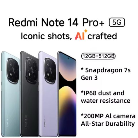 Global Version Xiaomi Redmi Note 14 Pro+ 5G Smartphone,12GB+512GB,6.67&quot; , 200MP Pro-Grade AI Camera System,120W HyperCharge with 5110mAh Battery,IP68(Charger Not Included)