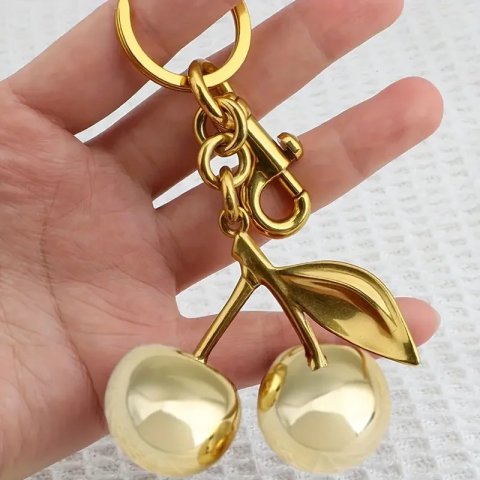 Golden Cherry Keychain Charm - Shiny Resin Metal Bag Accessory Elegant Gift for Women Purse or Handbag Decoration 250715