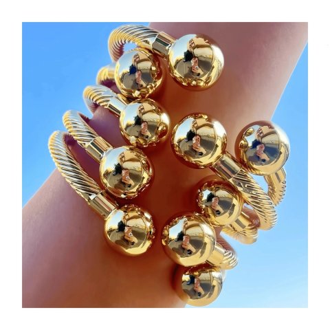 Gold-plated copper charm ball cuff bracelet for women stackable daily fashion jewelry 240925