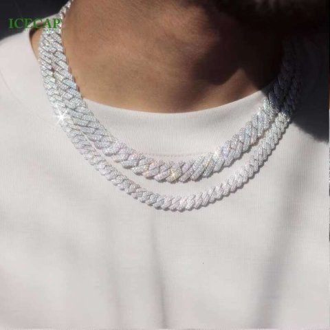 Hot Moissanite Chain Iced 15mm 12mm Pave Setting VVS Moissanite Cuban Link Chain Men Women Hiphop Necklace
