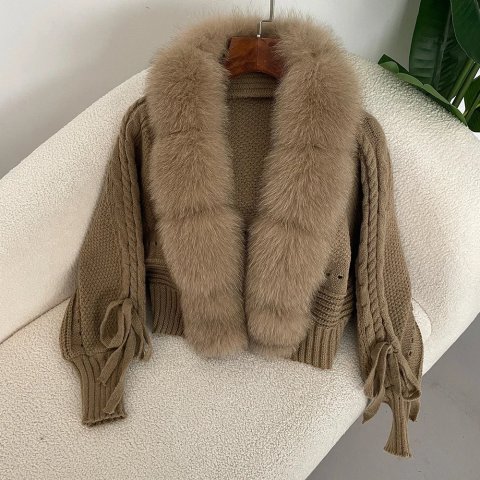 Knitting Cardigan 2024 Winter Women Knitted Jacket with Natural Fur Placket Coat Casual Real Fox Fur Fashion Short Warm 241028