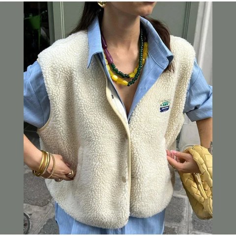 Elegant SingleBreasted Pocket Vest For Women Autumn European And American CrossBorder Style Woolly Sleeveless Top 250207