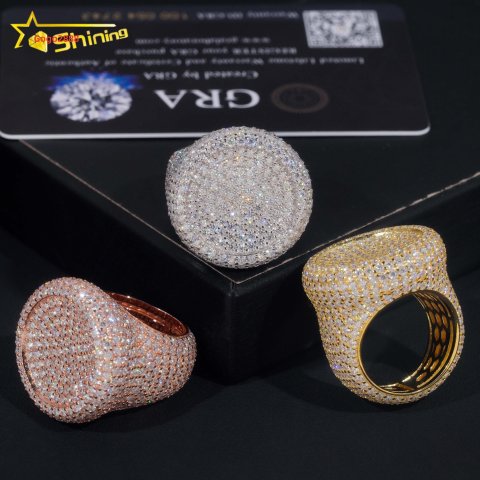 Stock Pass Diamond Tester Hip Hop Jewelry 925 Silver Fully Iced Bubble Edge Round Diamond Moissanite Men Ring Pinky Ring