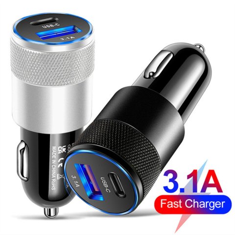 38W 3.1A PD Portable Car Charger Metal Dual 2-Port USB-A USB-C Output Fast Charging Car Adapter For iPhone 16 15 14 13 12 11 Pro Plus Xiaomi Samsung S25 S24 Quick Charger