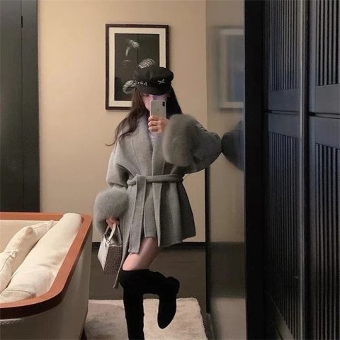 Wool jacket with spring and summer long sleeves loose highend spliced short blended wool lace 250225