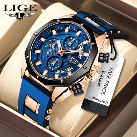 LIGE Mens Watches Brand Luxury Silicone Strap Waterproof Sport Quartz Watch Men Chronograph Military Clock Multi-function chronograph
