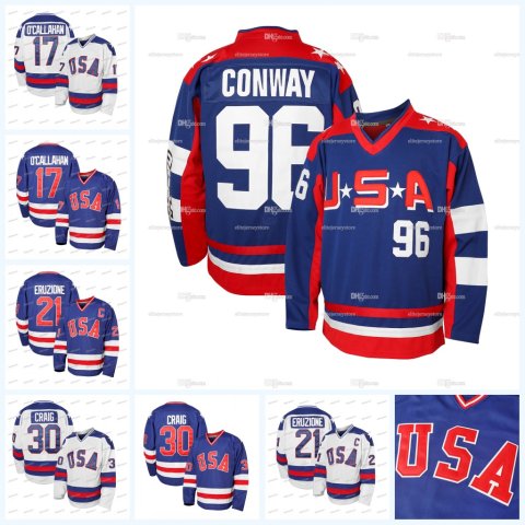 In Stock Men&#039;s 1980 USA Ice Hockey Jerseys 96 CONWAY 21 Eruzione 30 Craig 17 Ocallahan Stitched Fast Shipping Polyester Retro Classic Sportswear