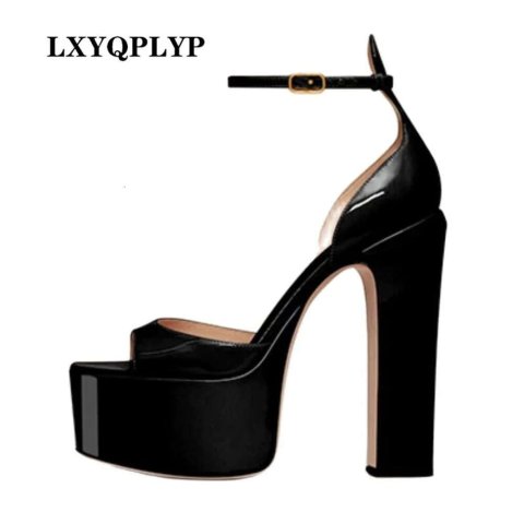 2022 New Sexy Party Women&#039;s Pumps Patent Leather Summer Sandals Thick High Heel Platform Fish Mouth Shoes Black White Big Size
