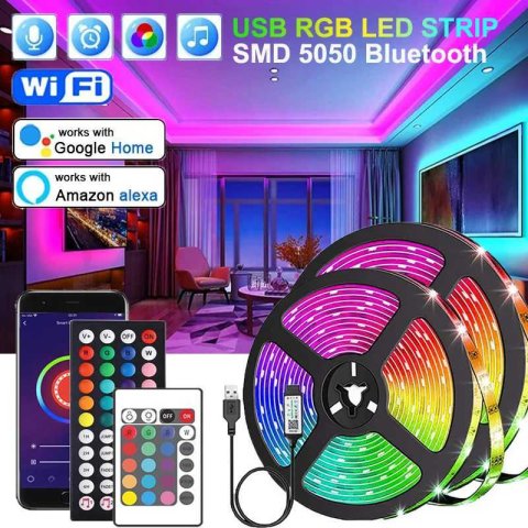 LED Lights Bluetooth 5050 SMD USB LED Strip Alexa APP Control WIFI RGB Adhesive Luces Led TV Backlight Lamps for Room Decoration CL240815
