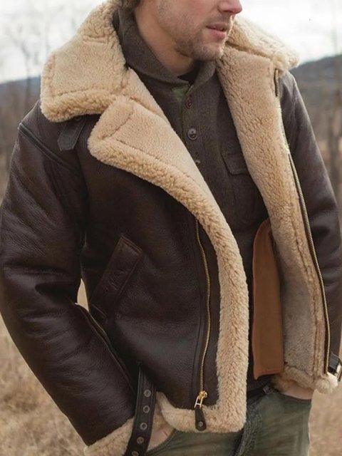 Faux Leather Fur Wrm Coat For Male Fashion Lapel Long Sleeve Thicken Fleece Jacket 2024 Winter Mens Zipper Pocket Furry Outcoat 241031