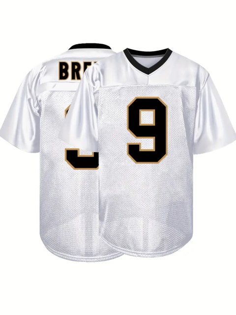 #9 Drew Brees Comfy V-Neck Football Jersey White Mesh Embroidery for Training and Competition Breathable Moisture-Wicking American Football Shirt