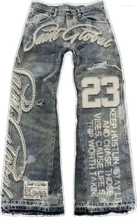 Men&#039;s Jeans High Street Y2k Men And Women Clothing Retro Hip Hop Letter Patch Embroidery Pants Gothic Fashion Mid Waist Wide Leg Baggy