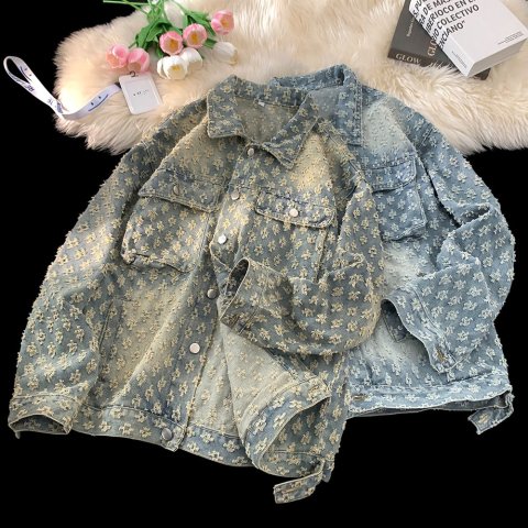 Men&#039;s Design Trendy Brand Retro Water Washed Vintage Jacquard Cowboy Jacket Loose and Casual Versatile Full Print Couple Jacket y2k