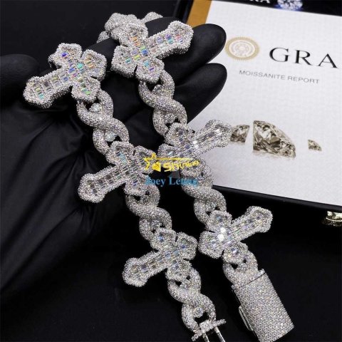 Luxury Cross Design Hip Hop Jewelry 925 Silver Charm Iced Out VVS Baguette Moissanite Cuban Bracelet