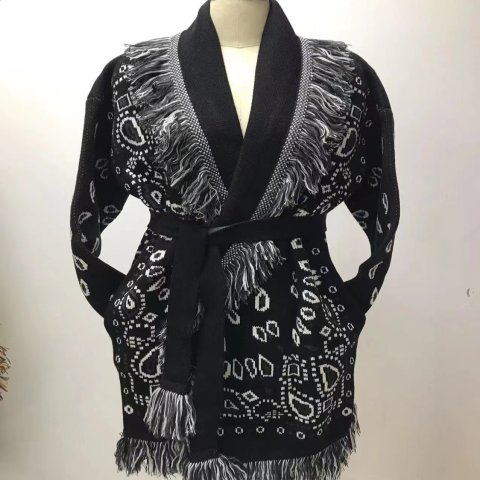 Autumn and winter thick tassel jacquard mid length cardigan womens loose color blocked lapel sweater jacket 230324