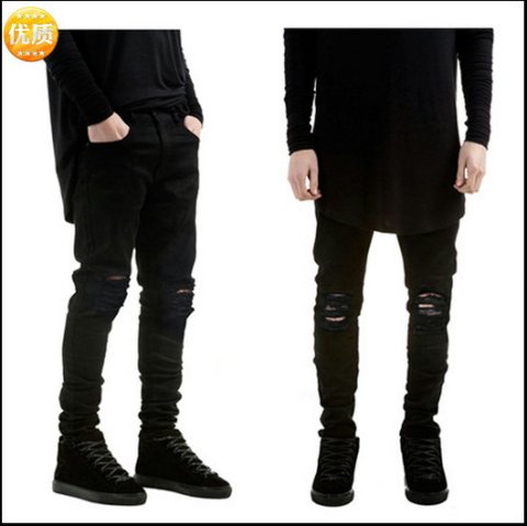 Denim high street fashion brand pure black slim fit small foot elastic jeans mens slim fit 230131