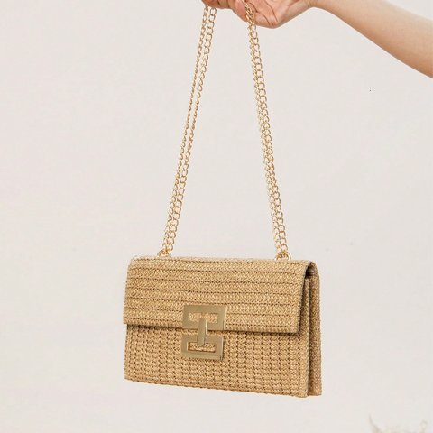 2025 New Vacation Style Multi-compartment Chain Flap Twist Designer Tote Purse Woven Shoulder Cross-border Women&#039;s Bag