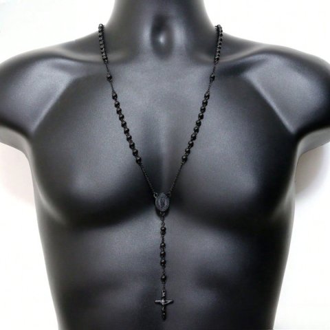 6mm Black Plated Stainless Steel Beads Virgin Mary Cross Rosary Necklace 26+5inch