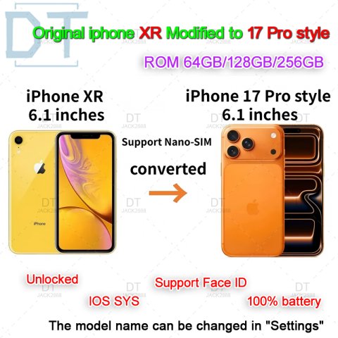 unlocked Apple iPhone XR converted to iPhone 17 Pro style phone 4G LTE 17 Pro original box sealed packaging 3GB RAM+256GB ROM OLED screen battery 100% battery health