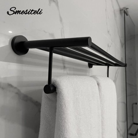 Black Stainless Steel Towel Rack - 55CM Wall Mounted Bathroom Towel Bar with Shelf, Hardware Holder for Bathroom/Kitchen, Easy Install with Screws