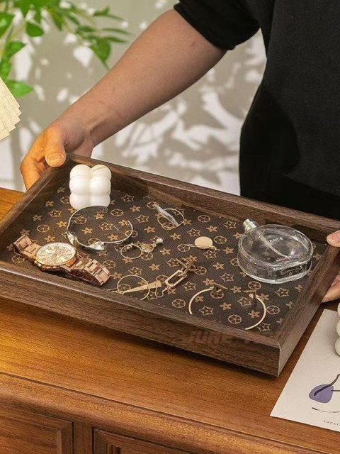 Walnut Color Leather Classic Floral Light Jewelry Bracelet Storage Living Dining Room Household Tray ddmythur