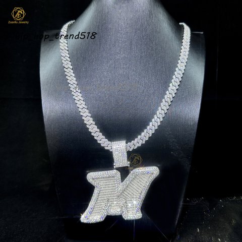 2025 Newest Custom Personalized Hip Hop Jewelry Sterling Silver Initial Letter M Iced Pendant Cuban Chain Moissanite 925 Parties