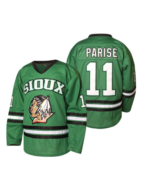 Men #11 PARISE NORTH Fighting Home DAKOTA College Hockey Jersey Embroidered Polyester Ice Hockey Jersey Green Size S-XXXL IN STOCK
