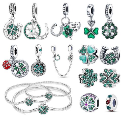 925 Sterling Silver Series Green Four Leaf Pendant DIY Fine Beads Fit Original Charms Bracelet Women Jewelry Diy