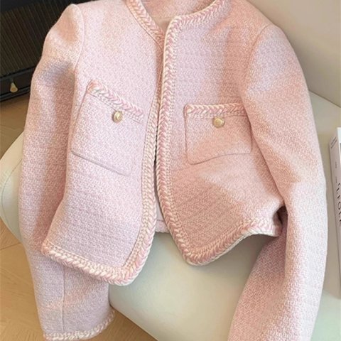 Pink sweet coarse tweed jacket womens Korean fashion O-neck short jacket autumn and winter single chest elegant cut jacket 240826